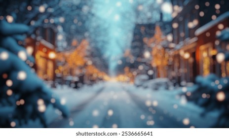 Blurred Winter Background of Blurred Winter Background of Snowy City Street at Twilight with Holiday Lights - Powered by Shutterstock