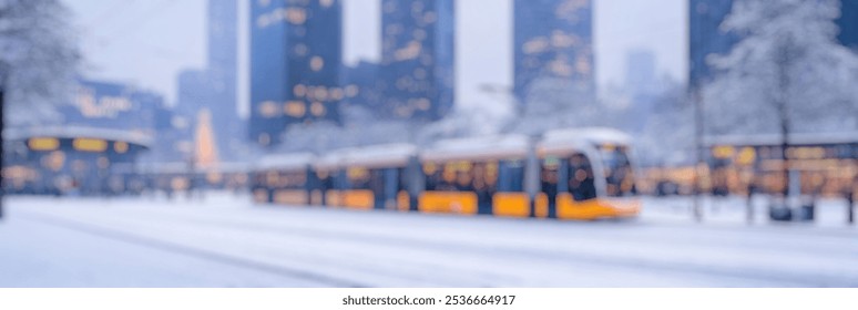 Blurred Winter Background of Blurred Winter Background of Trams Moving Through Snowy City Square - Powered by Shutterstock