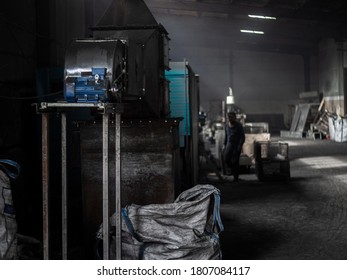 Blurred Worker Standing At Coal Warehouse In The Morning, Coal Power Plant, Busines And Industry Concept