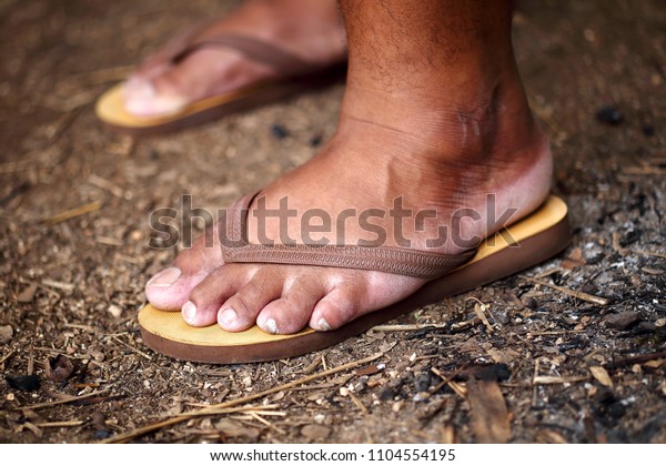 Blurring Feet Old Man Wearing Sandals 