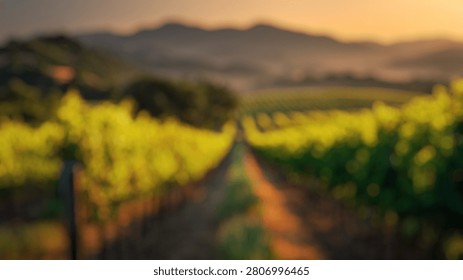 Blurry Background of Captivating Vineyard Landscape at Sunrise with Gentle Mist and Rolling Hills in the Background