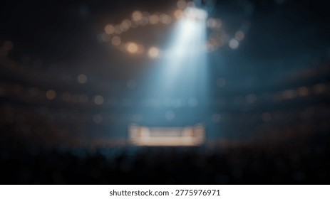 Blurry Background of Dramatic View of an Iconic Boxing Arena with Spotlight on Ring Surrounded by Excited Crowd and Captivating Atmosphere