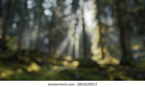 Blurry Background of Dramatic View of Sunlight Filtering Through Tall Trees in a Serene Forest Setting with Lush Greenery and Soft Moss Underfoot