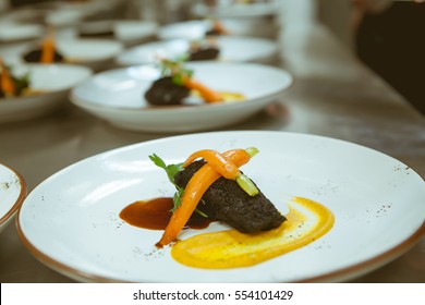 Blurry Background Of Food Sort On Table In Five Star Hotel Restaurant For Luxury Dinner Party With Vintage Color Style.