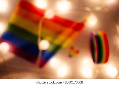 Blurry Background. Lesbians And Gays Community .Colorful  Rainbow Symbol Flag.Gay Pride Month Event Day.  