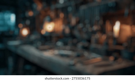 Blurry Background of Rustic workshop interior with various tools, warm lighting, and vintage items creating a nostalgic atmosphere for craftsmanship and creativity