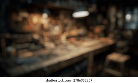 Blurry Background of Rustic Workshop Scene with Tools and Workbench in Dim Light, Creating a Craftsman Atmosphere with Various Instruments and Accessories