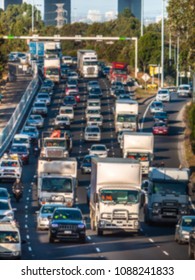 Blurry Background Texture Of Traffic Jam/cars Queuing  On Multi Lane Highway. Concept Of Congestion, Rush Hour And Busy Modern Life. Melbourne, VIC Australia