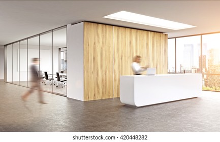 Blurry business man walking in office interior with sunlight. Woman on reception. New york window view.