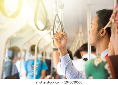 Blurry Businessman Catch Handrail On Skytrain Transit System Public 
Impassioned To Going To Work In The Morning, Urban Live Concept 