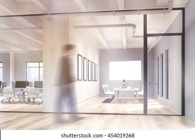 Blurry Businessman Walking In Office And Conference Room Interior With Blank Whiteboard Behind Glass Doors. Mock Up, 3D Rendering