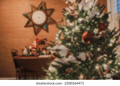 Blurry Christmas tree in a vintage, mid-century styled living room during the holidays.