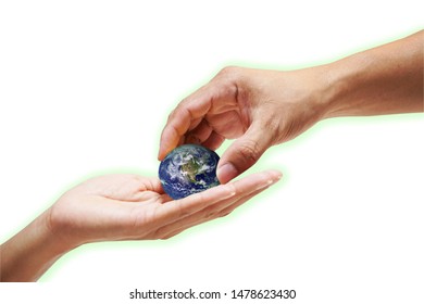 Blurry Close Up Handing Save Global Warming Potential Concept On White Background.Elements Of This Image Furnished By NASA.