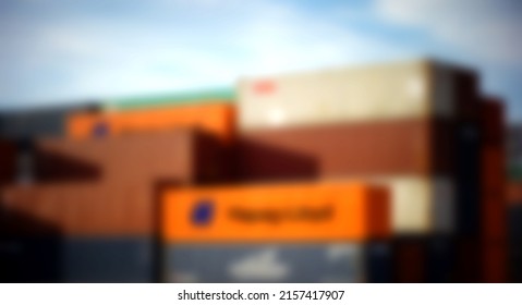 Blurry Colorful Blue Brown Orange Shipping Containers At Yard Depot Blurred Cargo Port Congestion Background