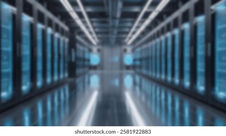 Blurry high-tech data center with glowing servers and neon lighting, ideal for background.


