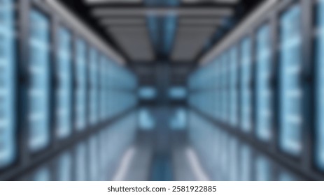 Blurry high-tech data center with glowing servers and neon lighting, ideal for background.


