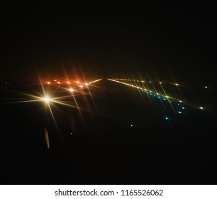 Blurry Illuminated Airport Runway Lights At Night Unique Photograph