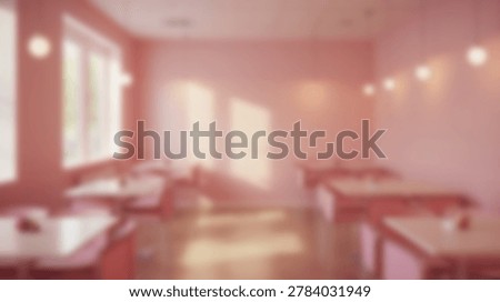 A blurry image of a cafe interior featuring tables, chairs, and soft lighting, creating a warm and inviting atmosphere. The image showcases the cafes design and ambiance.