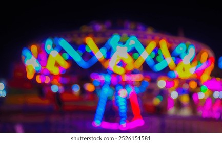 Blurry image of carousel ride at an amusement park at night festival with bokeh background. Abstract blurry photo of amusement rides in night festival city park with colorful lights at night. - Powered by Shutterstock