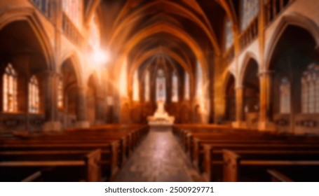 Blurry image of a medieval church interior with stone arches and dim lighting, creating a historic and solemn atmosphere, suitable for heritage or spiritual themes. - Powered by Shutterstock