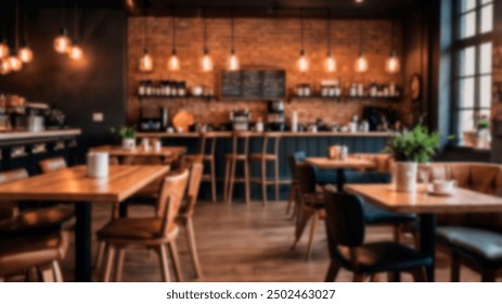 Blurry image of a modern, cozy café interior with warm lighting, wooden furniture, and an inviting atmosphere. Perfect for backgrounds - Powered by Shutterstock