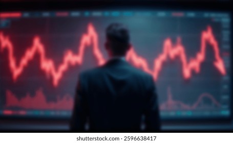 A blurry image of a person watching a financial chart on a computer screen with red lines, symbolizing financial market fluctuations and economic uncertainty.