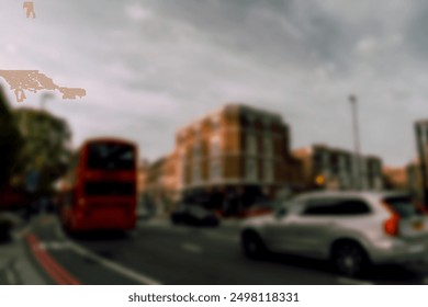 A blurry image of a red double decker bus and a silver car on a city street with bokeh and cloudy skies.