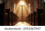 A blurry image of sunlight streaming through stained glass windows in a church, casting colorful patterns over the pews and altar.