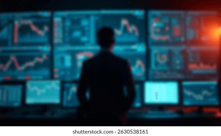 A blurry image of a trader standing in front of multiple monitors showing stock market charts, reflecting technology and financial analysis