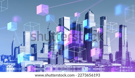 Blurry immersive blockchain interface overNew York Hudson Yards financial district cityscape background. Concept of cryptocurrency and hi tech