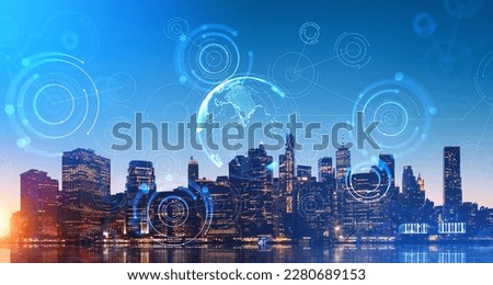 Blurry immersive network and planet interface over night New York city panorama background and its reflection. Concept of internet connection and smart city