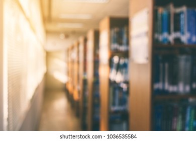 Blurry Of Library And Blur Of Bookshelf, Blur Background Of Bookshelf In Library.
