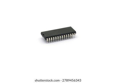 A blurry microcontroller on a white background. An archaic concept of technological advancement.
