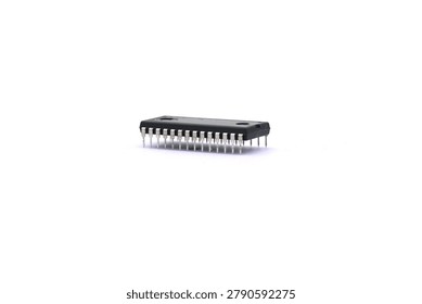 A blurry microcontroller on a white background. An archaic concept of technological advancement.
