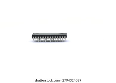A blurry microcontroller on a white background. An archaic concept of technological advancement.