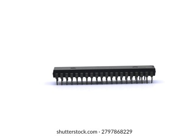 A blurry microcontroller on a white background. An archaic concept of technological advancement.