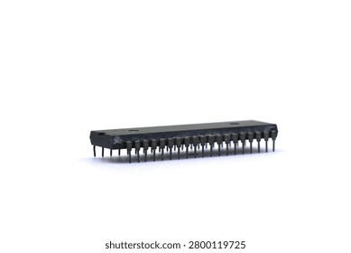 A blurry microcontroller on a white background. An archaic concept of technological advancement.