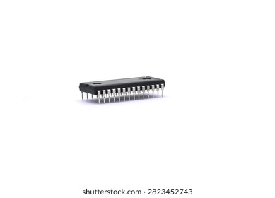 A blurry microcontroller on a white background. An archaic concept of technological advancement.