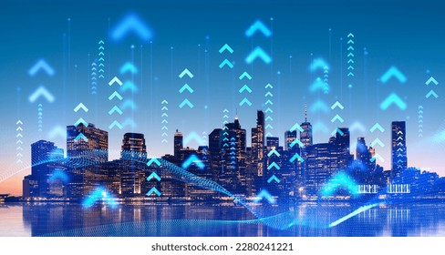 Blurry network and arrows hologram over night New York city background and its reflection. Concept of internet connection and smart city - Powered by Shutterstock