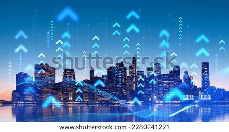 Blurry network and arrows hologram over night New York city background and its reflection. Concept of internet connection and smart city