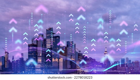 Blurry network interface with arrows pointing up over evening New York city panorama background. Concept of smart city and internet connection - Powered by Shutterstock - Get 15% off with code: PIKWIZARD15