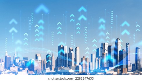 Blurry network interface with arrows pointing up over New York city panorama background. Concept of smart city and internet connection - Shutterstock ID 2281247633