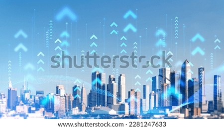Blurry network interface with arrows pointing up over New York city panorama background. Concept of smart city and internet connection