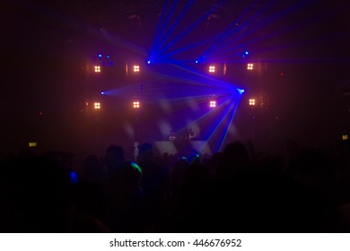 Blurry Night Club Dj Party People Enjoy Of Music Dancing Sound With Colorful Light. Club Night Light Dj Party Bangkok RCA  Thailand.