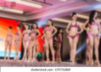 Blurry And Out Of Focus Women Beauty Pageant Stage In Pink Bikini On Pageant Stage