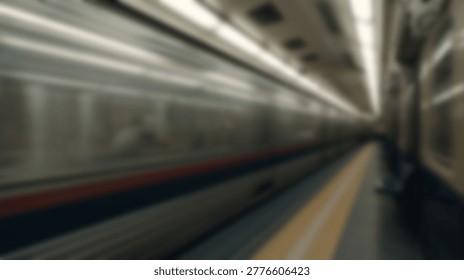 A blurry perspective shot inside a train carriage, featuring overhead lighting and a platform. The image captures the essence of travel and transportation.