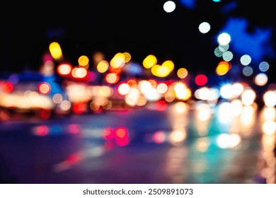 A blurry photo of a busy street at night with cars and lights. Scene is busy and chaotic, with the lights and reflections creating a sense of movement and energy - Powered by Shutterstock