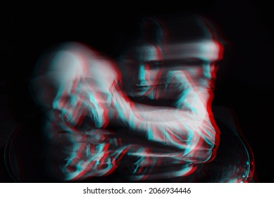 blurry scary portrait of a witch ghost girl in a white shirt. Black and white with 3D glitch virtual reality effect