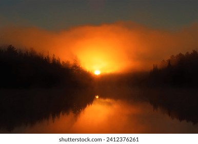 Blurry sunrise in morning mist over still lake - Powered by Shutterstock