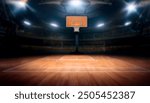 Blurry view of a basketball court under bright arena lights, perfect as a sports-themed background